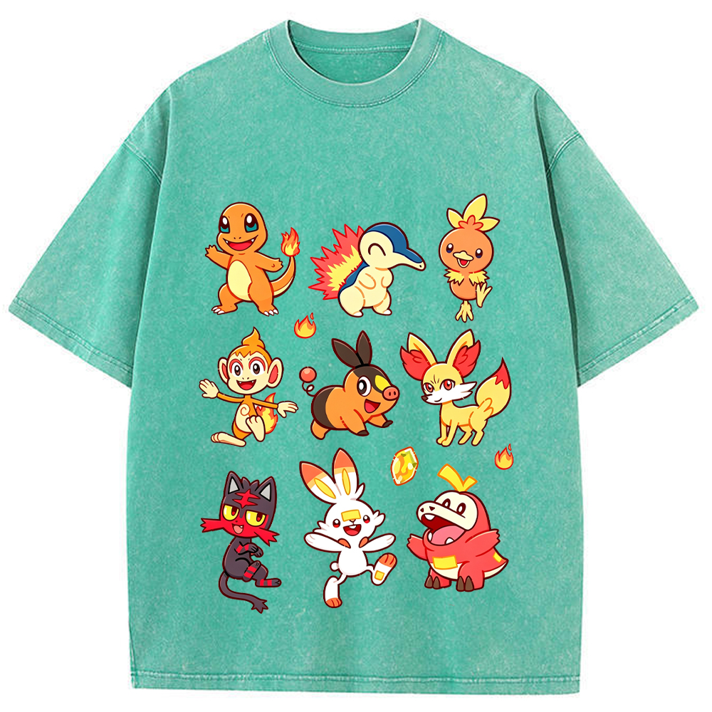 Fire Type Starters Collection Cartoon Tee | Pokemon Anime