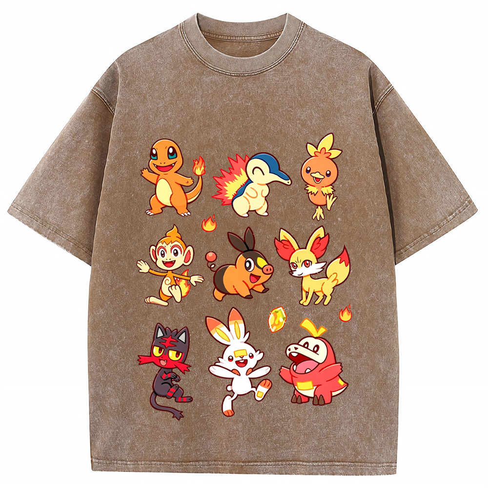 Fire Type Starters Collection Cartoon Tee | Pokemon Anime