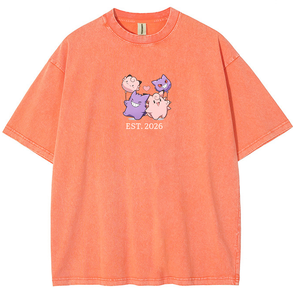 Cute Couple Tone Clefairy Gengar Heart Vintage Washed T-Shirt