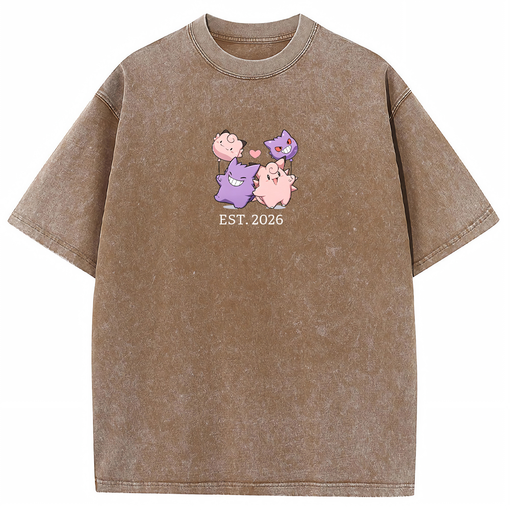 Cute Couple Tone Clefairy Gengar Heart Vintage Washed T-Shirt
