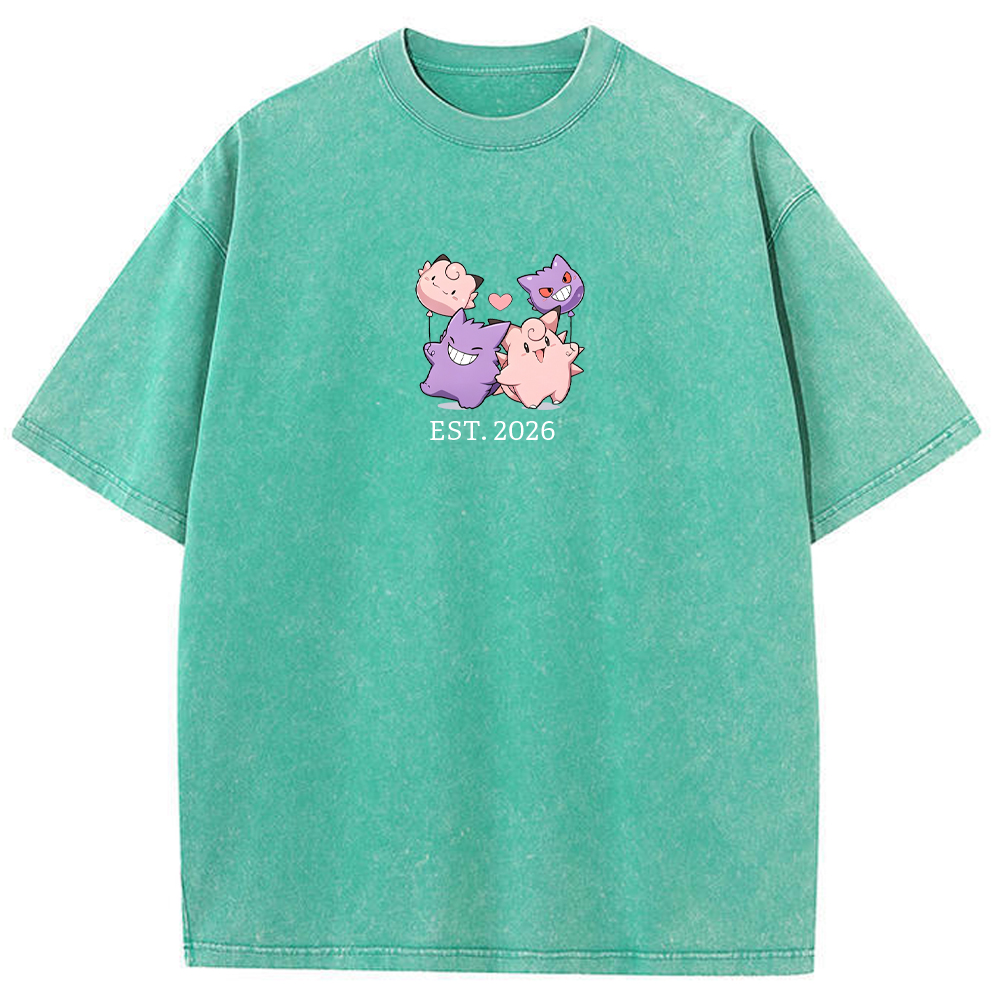 Cute Couple Tone Clefairy Gengar Heart Vintage Washed T-Shirt