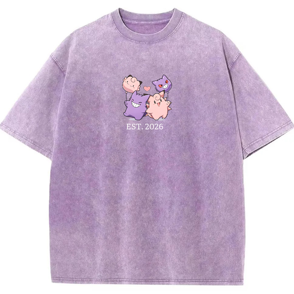 Cute Couple Tone Clefairy Gengar Heart Vintage Washed T-Shirt
