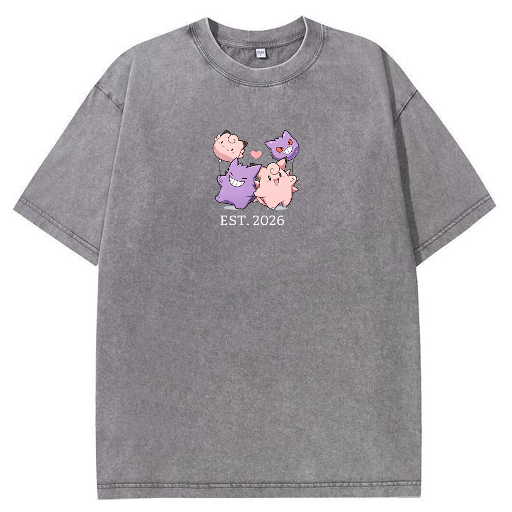 Cute Couple Tone Clefairy Gengar Heart Vintage Washed T-Shirt