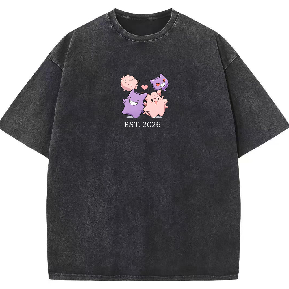 Cute Couple Tone Clefairy Gengar Heart Vintage Washed T-Shirt