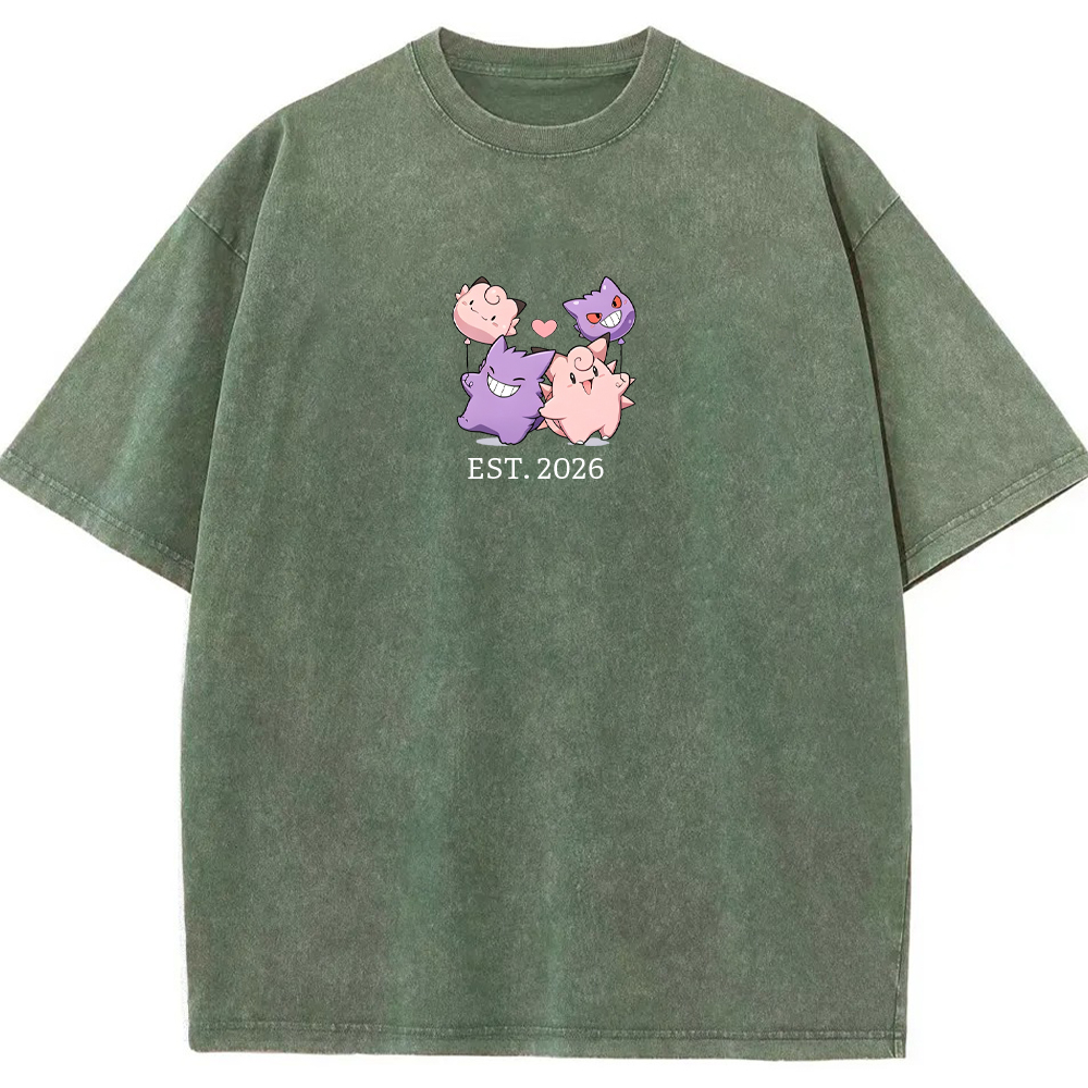 Cute Couple Tone Clefairy Gengar Heart Vintage Washed T-Shirt