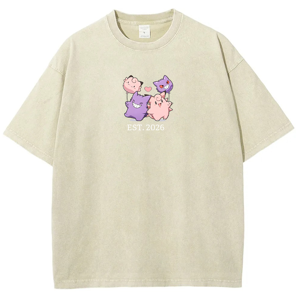 Cute Couple Tone Clefairy Gengar Heart Vintage Washed T-Shirt