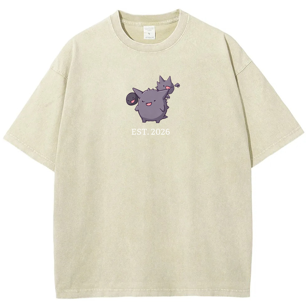 Cute Parent & Kid Gastly Haunter Gengar Cartoon Vintage Washed T-Shirt