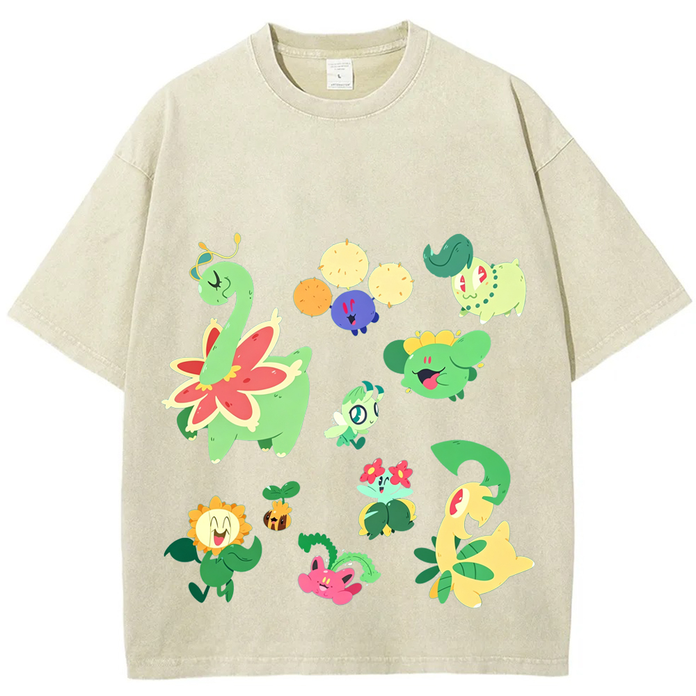 Grass Type Pokemon Collection Cartoon Tee | Pokemon Anime