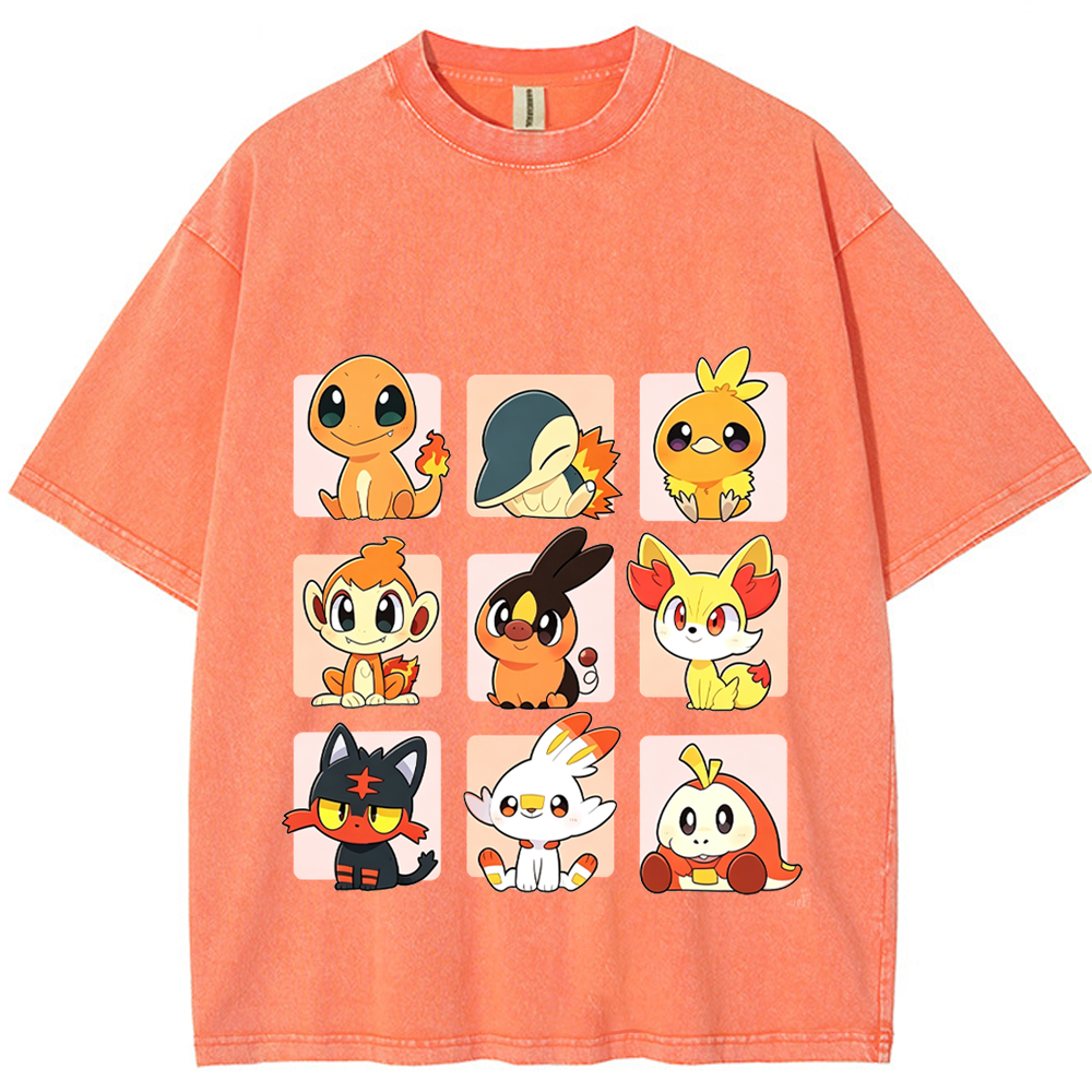 Grid Frame Fire Starters Cartoon Tee | Pokemon Anime