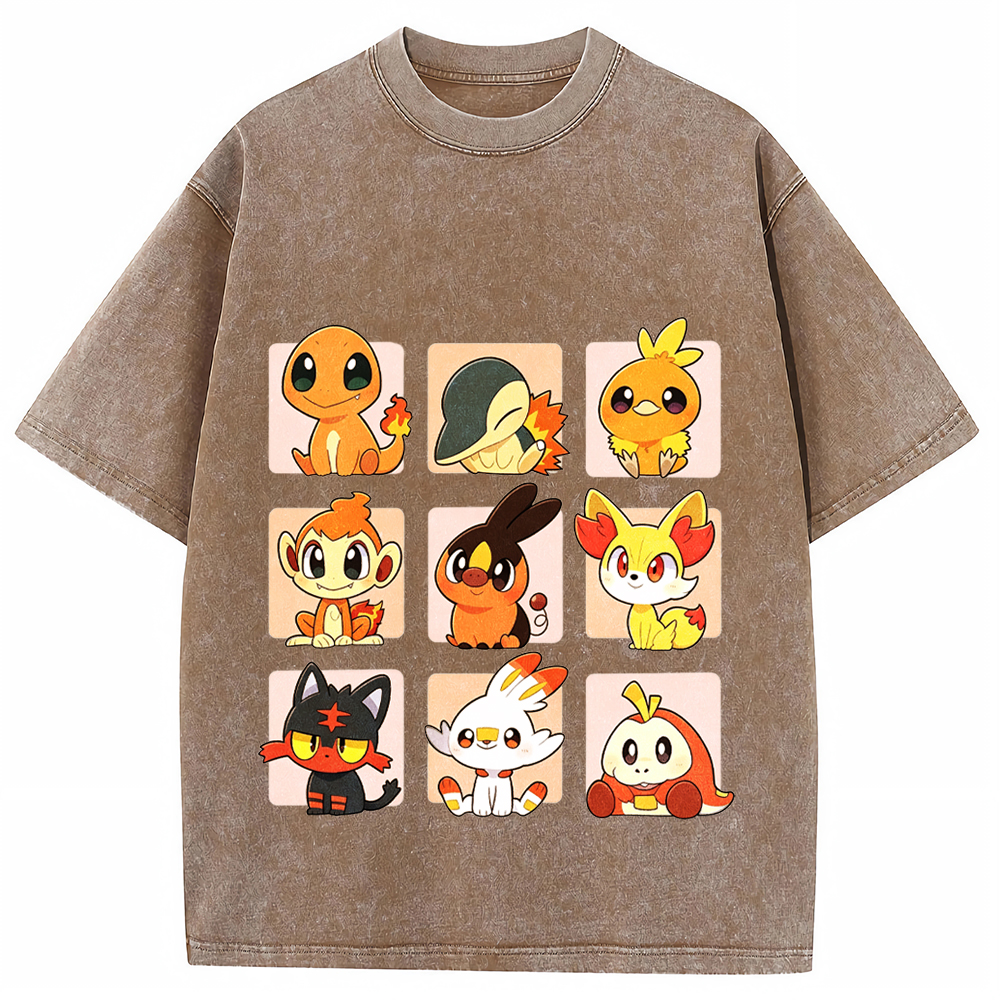 Grid Frame Fire Starters Cartoon Tee | Pokemon Anime