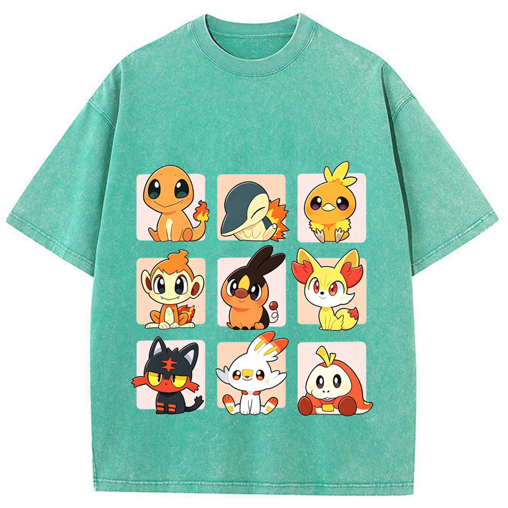 Grid Frame Fire Starters Cartoon Tee | Pokemon Anime