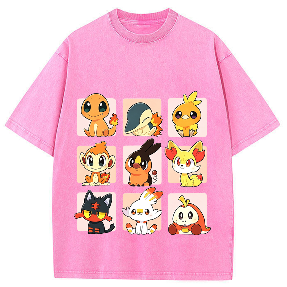Grid Frame Fire Starters Cartoon Tee | Pokemon Anime