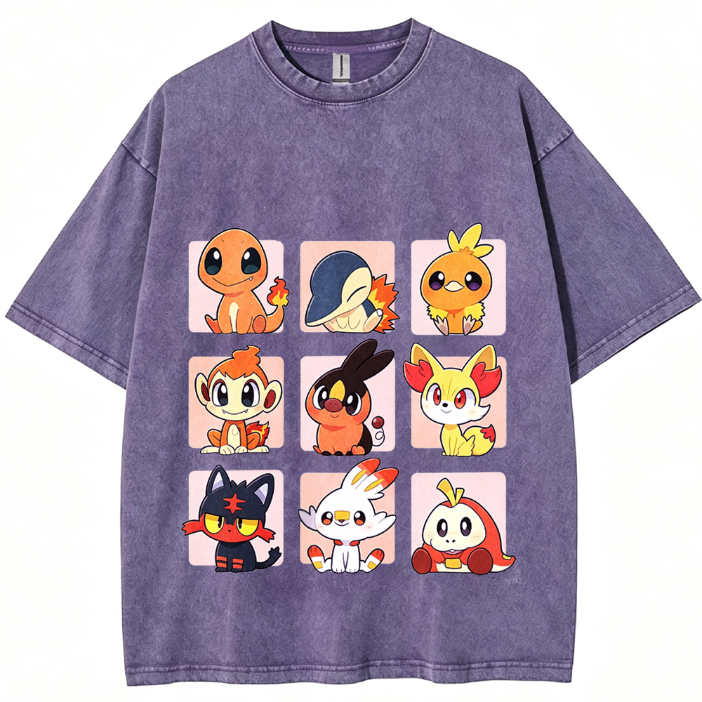 Grid Frame Fire Starters Cartoon Tee | Pokemon Anime