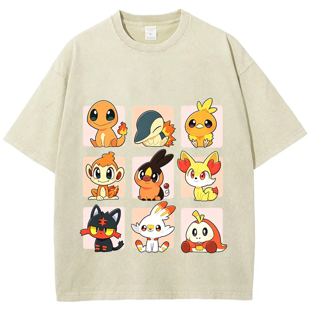 Grid Frame Fire Starters Cartoon Tee | Pokemon Anime