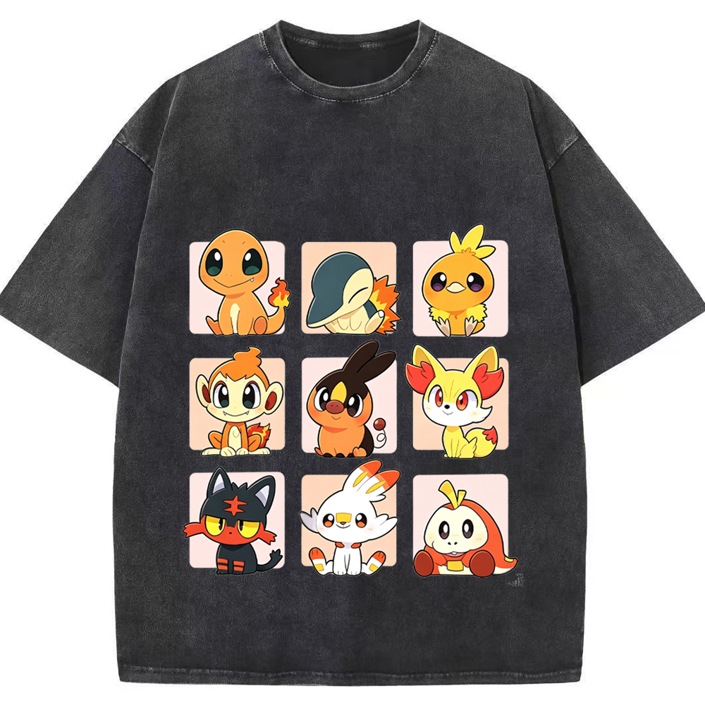 Grid Frame Fire Starters Cartoon Tee | Pokemon Anime