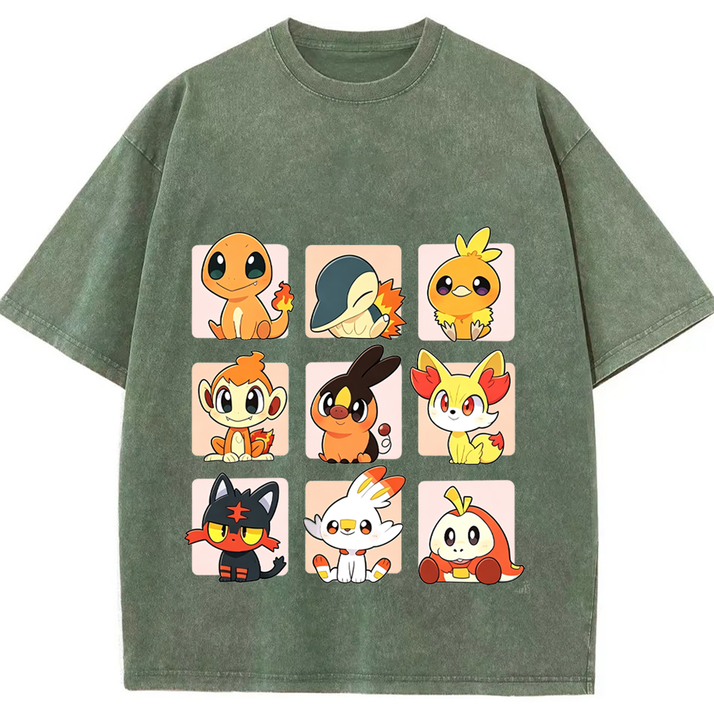 Grid Frame Fire Starters Cartoon Tee | Pokemon Anime