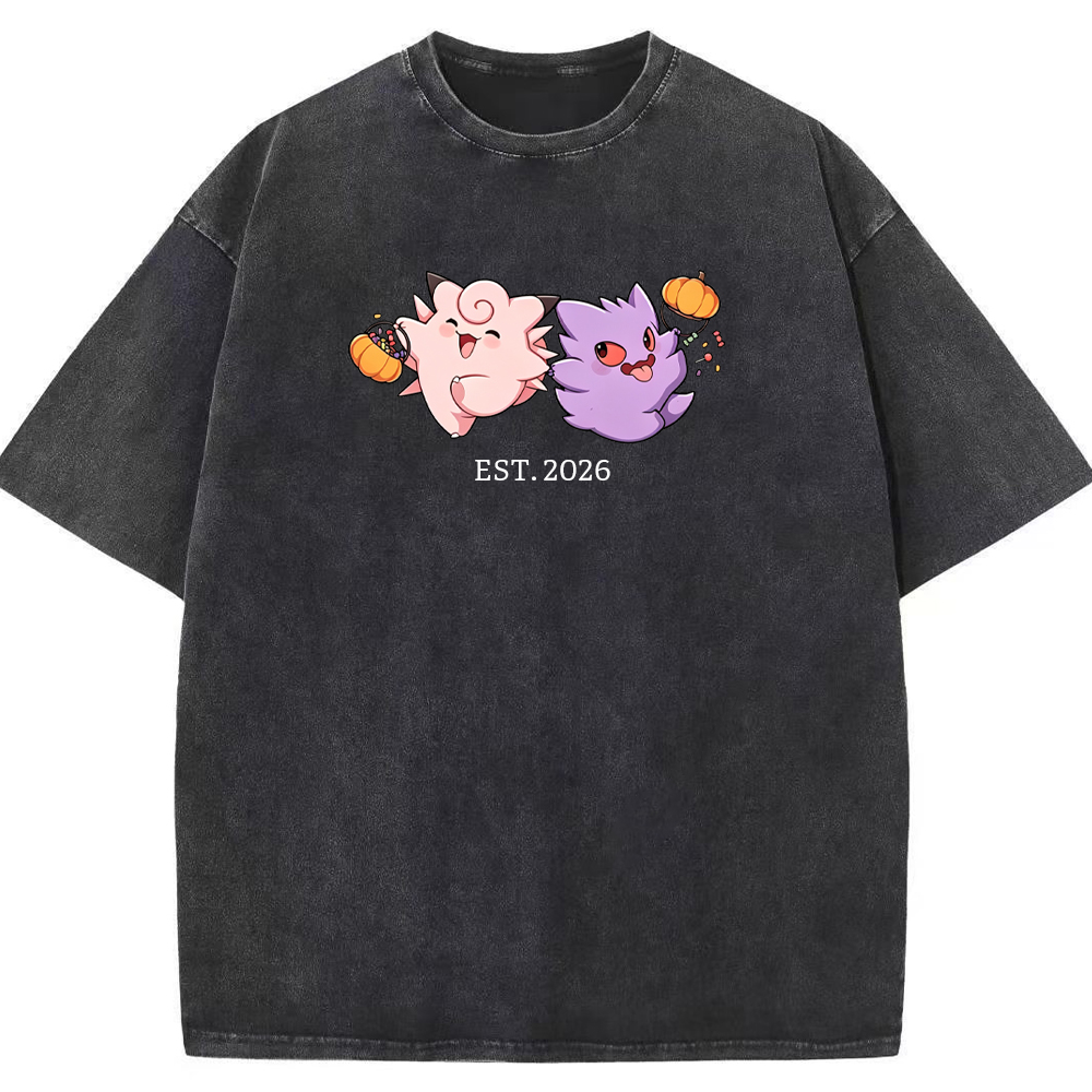 Cute Couple Tone Clefairy Gengar Halloween Pumpkin Vintage Washed T-Shirt