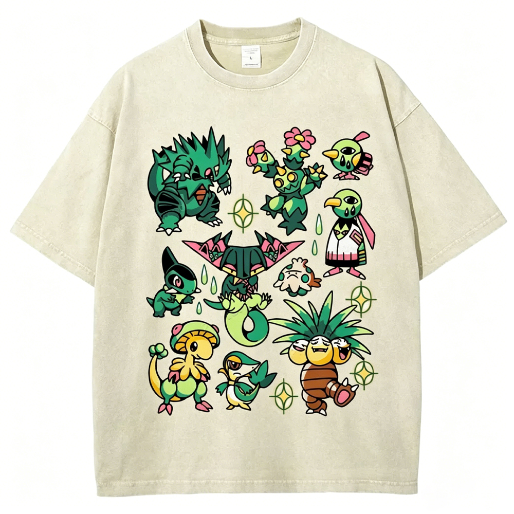 Green Grass Dragon & Tropical Pokemon Unisex Vintage Washed Tee
