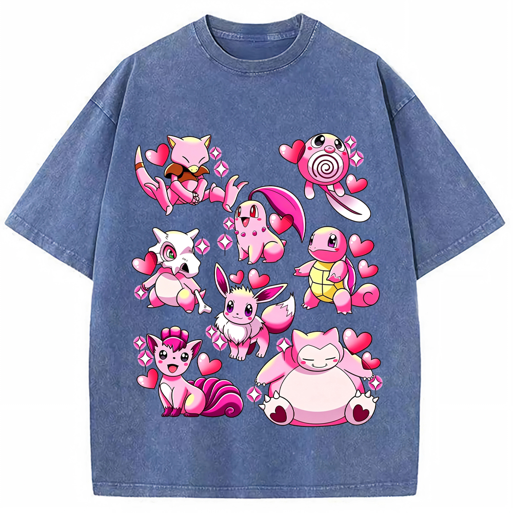 Pink Hearts Mixed Pokemon Cartoon Tee | Pokemon Anime