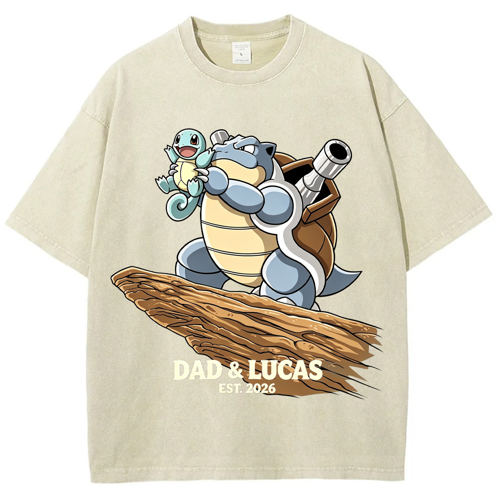 Parent & Kid Hold Up Squirtle Family Art Vintage Washed T-Shirt