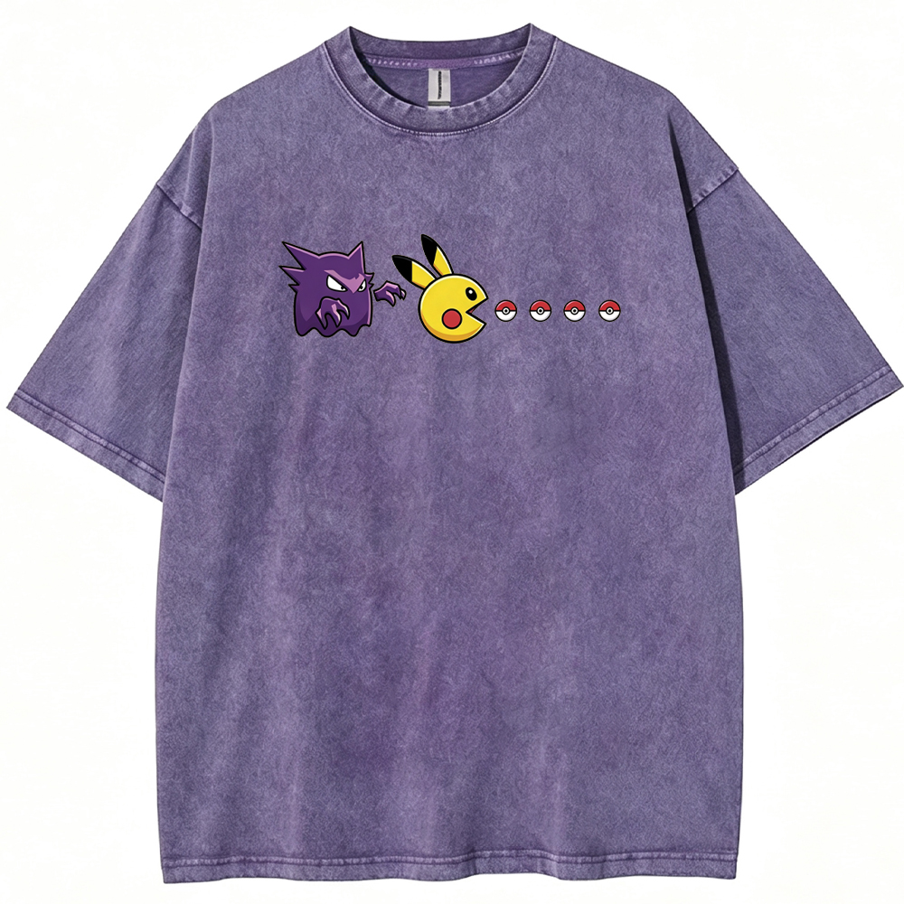 Gengar Hunting Pikachu Pokeball Trail Graphic Cartoon Tee | Pokemon Anime