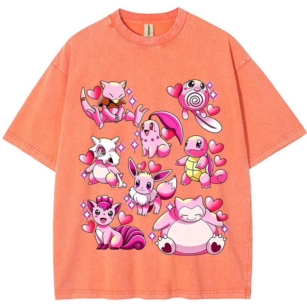 Pink Hearts Mixed Pokemon Cartoon Tee | Pokemon Anime