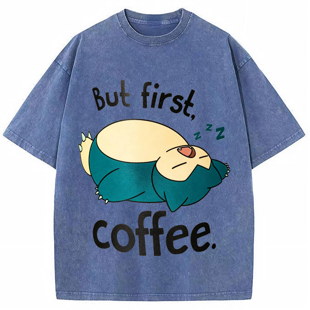Lazy Snorlax Coffee Cartoon Tee | Pokemon Anime