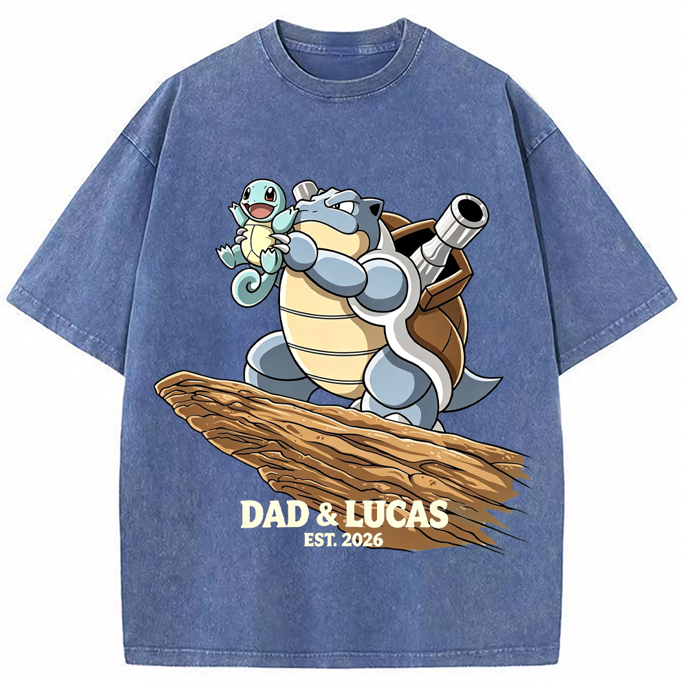 Parent & Kid Hold Up Squirtle Family Art Vintage Washed T-Shirt