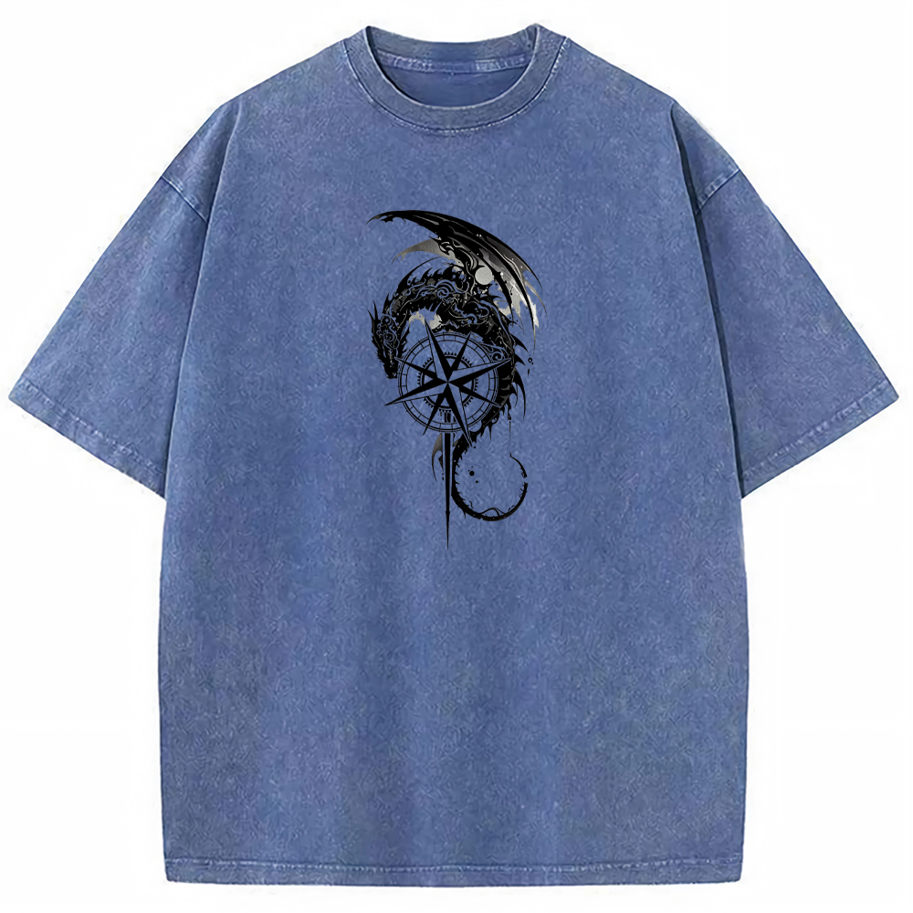 Fantasy Adventure Dragon Knight Compass Sword Monochrome Art Cartoon Tee
