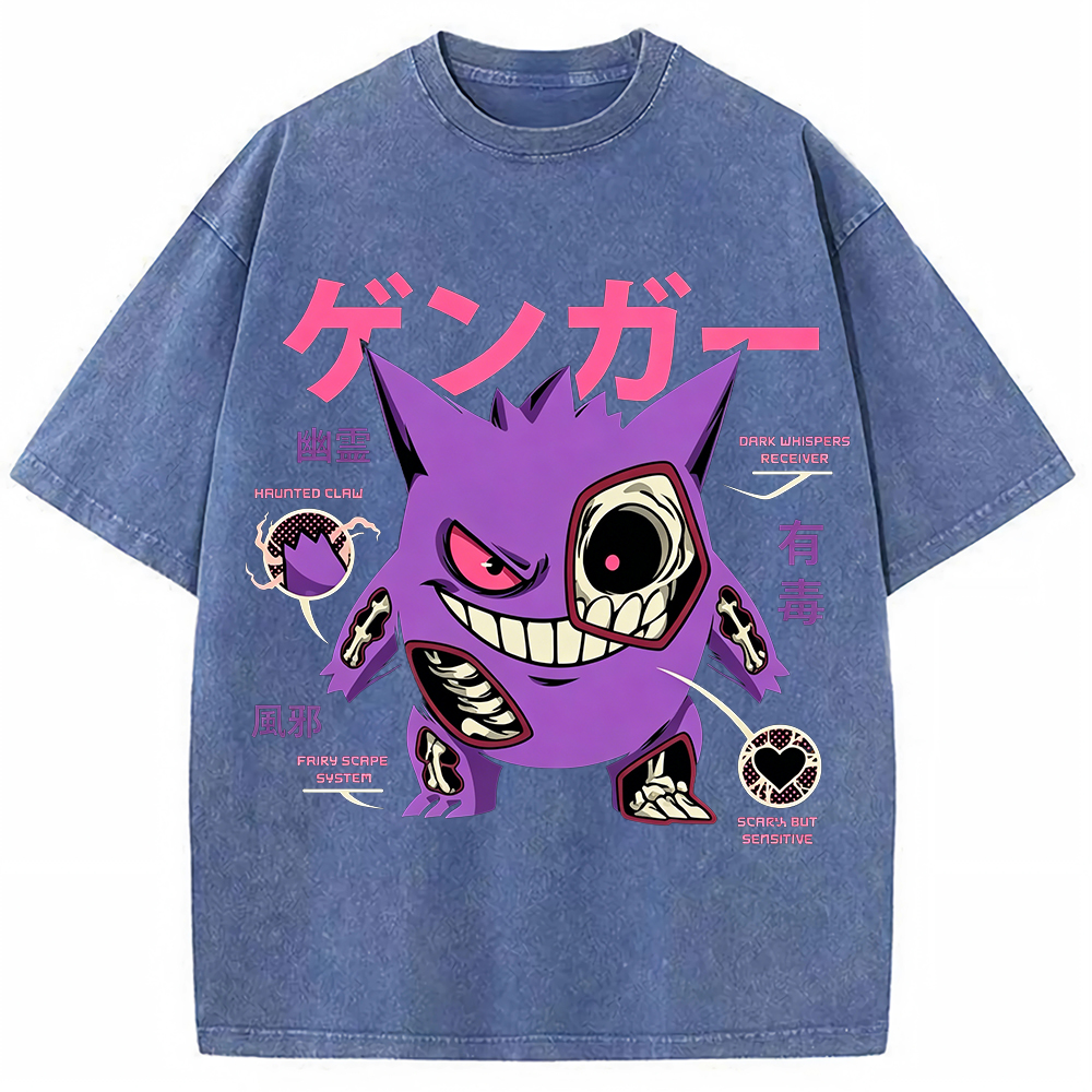 Vintage Washed Blue Skeleton Gengar Japanese Graphic Tee