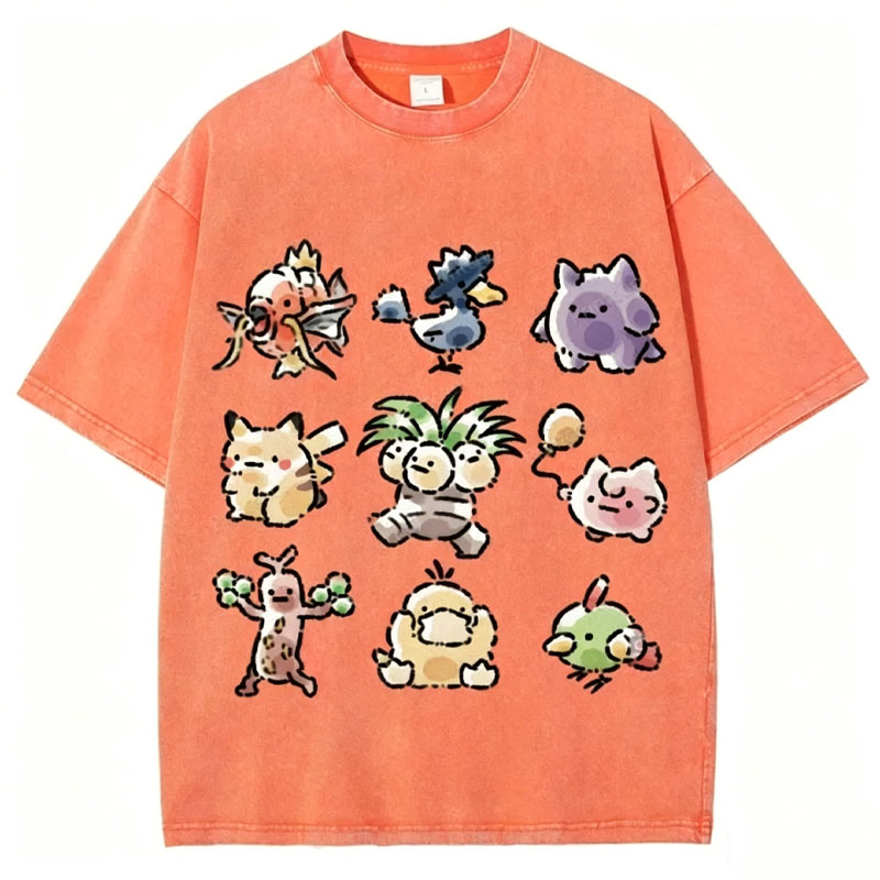 Cute Chibi Pokemon Unisex Vintage Washed Tee