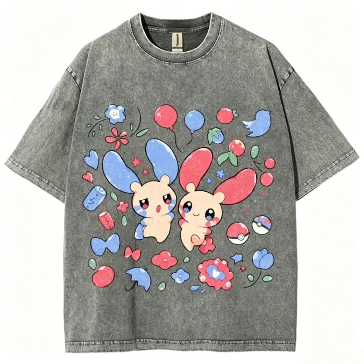 Pokémon Plusle And Minions Unisex Vintage Washed Tee