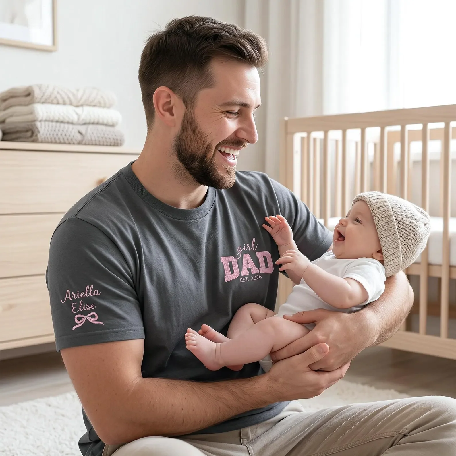 Custom Girl Dad Embroidered Shirt With Baby Name, Pregnancy Announcement Gift