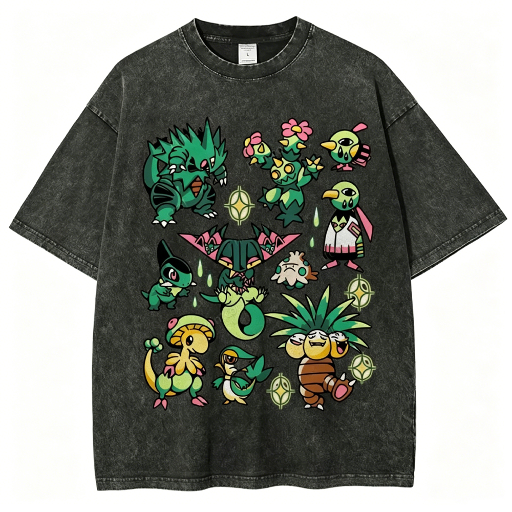 Green Grass Dragon & Tropical Pokemon Unisex Vintage Washed Tee