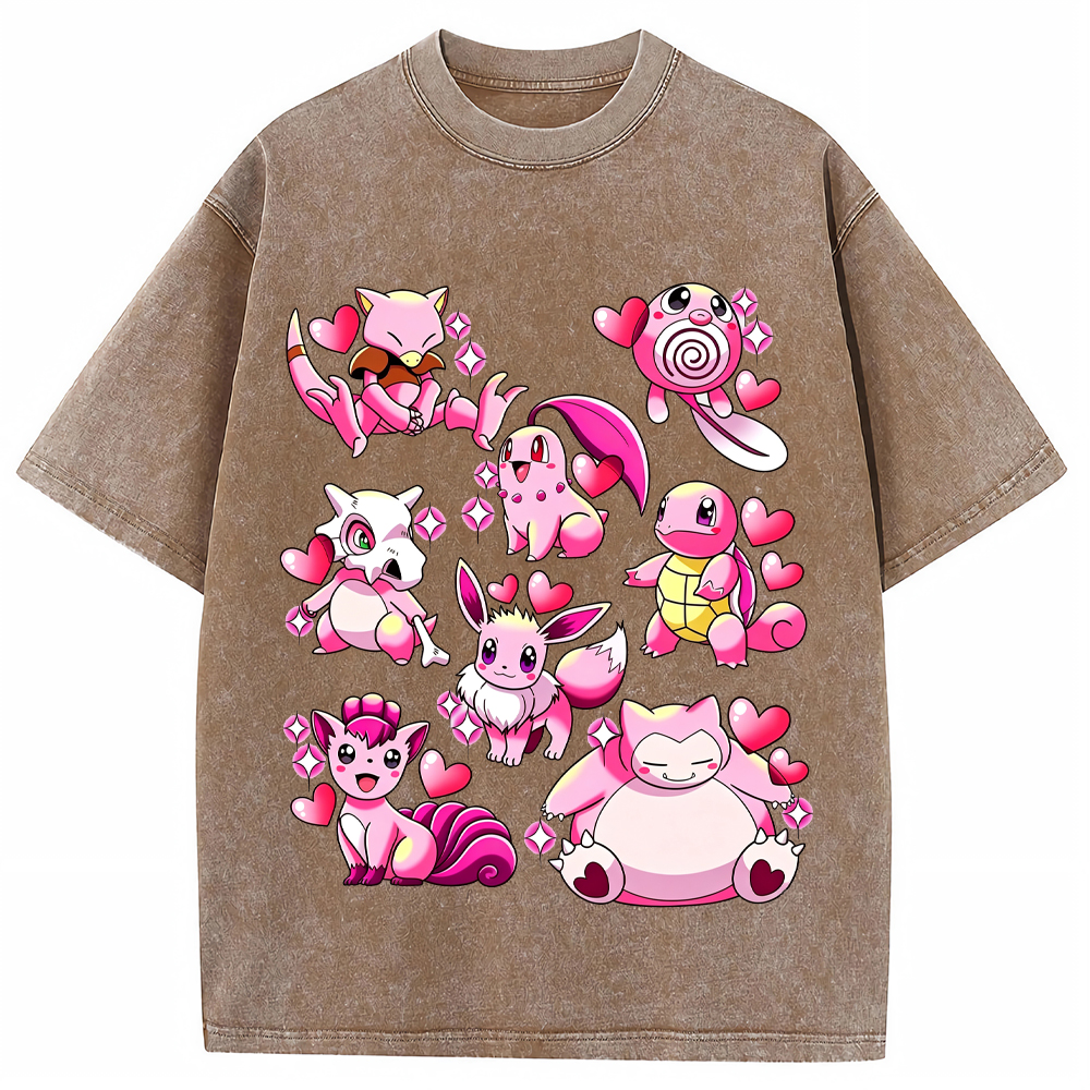 Pink Hearts Mixed Pokemon Cartoon Tee | Pokemon Anime