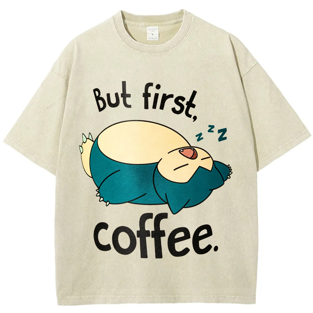 Lazy Snorlax Coffee Cartoon Tee | Pokemon Anime