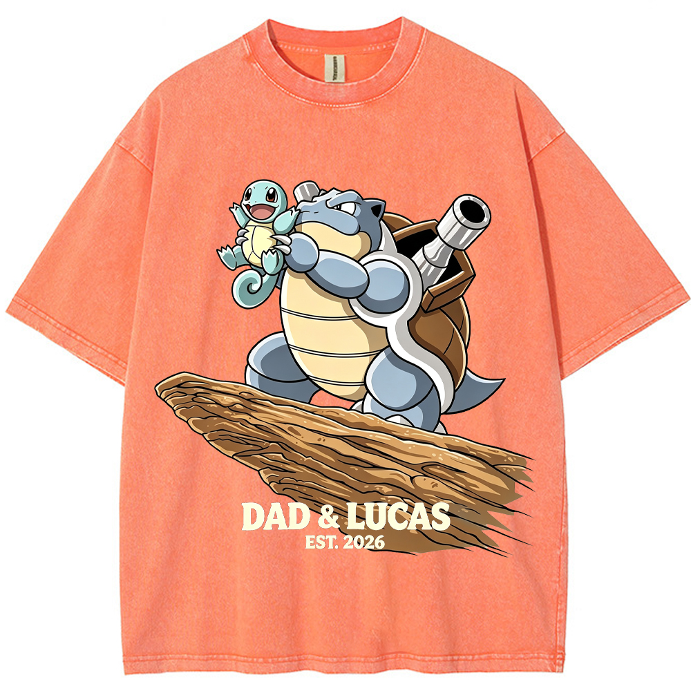 Parent & Kid Hold Up Squirtle Family Art Vintage Washed T-Shirt
