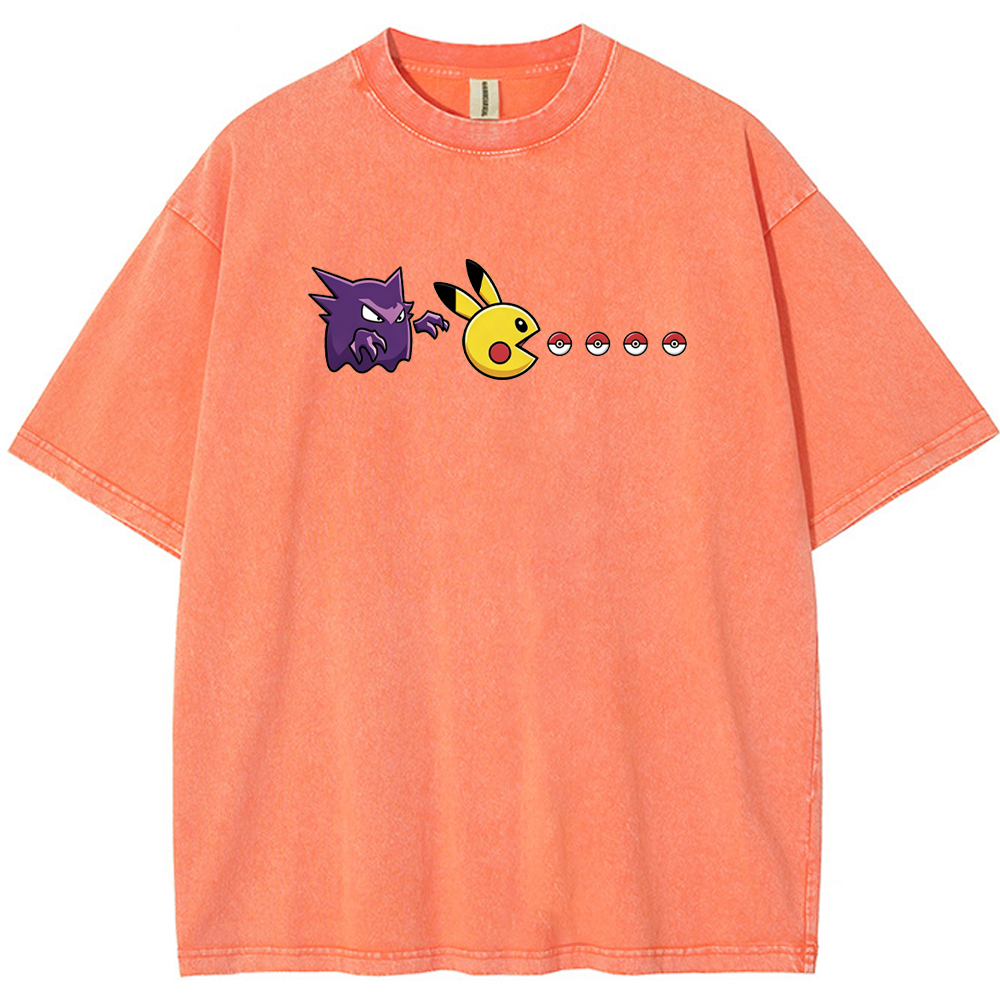 Gengar Hunting Pikachu Pokeball Trail Graphic Cartoon Tee | Pokemon Anime