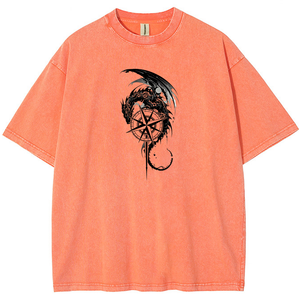 Fantasy Adventure Dragon Knight Compass Sword Monochrome Art Cartoon Tee