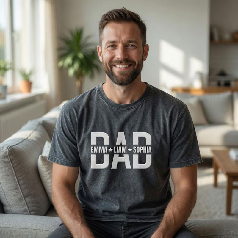 Custom Embroidered Dad Washed T-Shirt With Kids Names