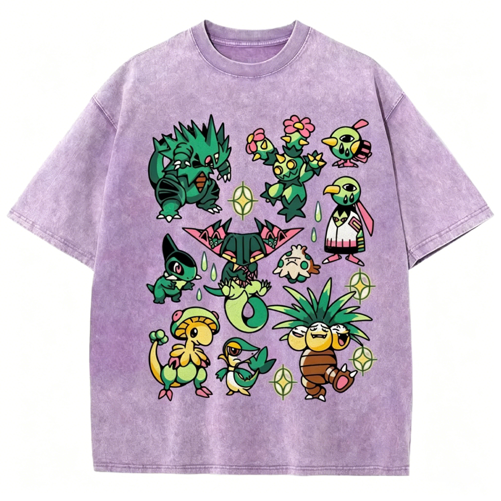 Green Grass Dragon & Tropical Pokemon Unisex Vintage Washed Tee