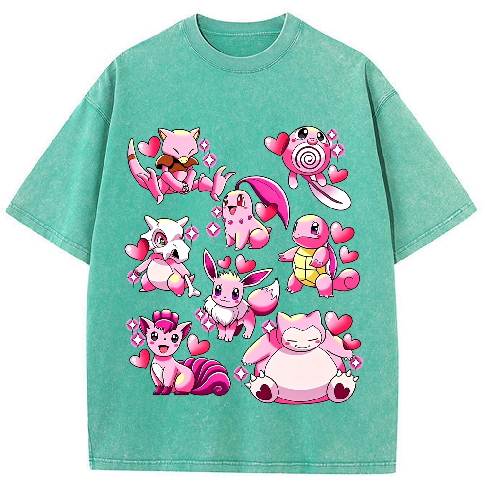 Pink Hearts Mixed Pokemon Cartoon Tee | Pokemon Anime