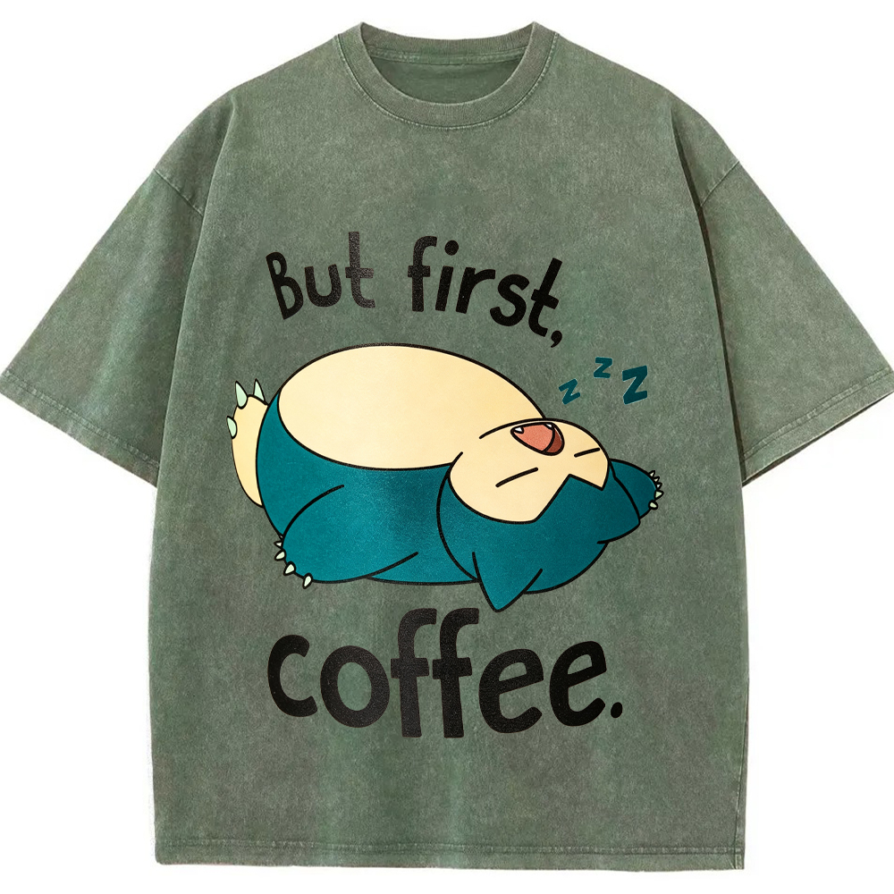 Lazy Snorlax Coffee Cartoon Tee | Pokemon Anime