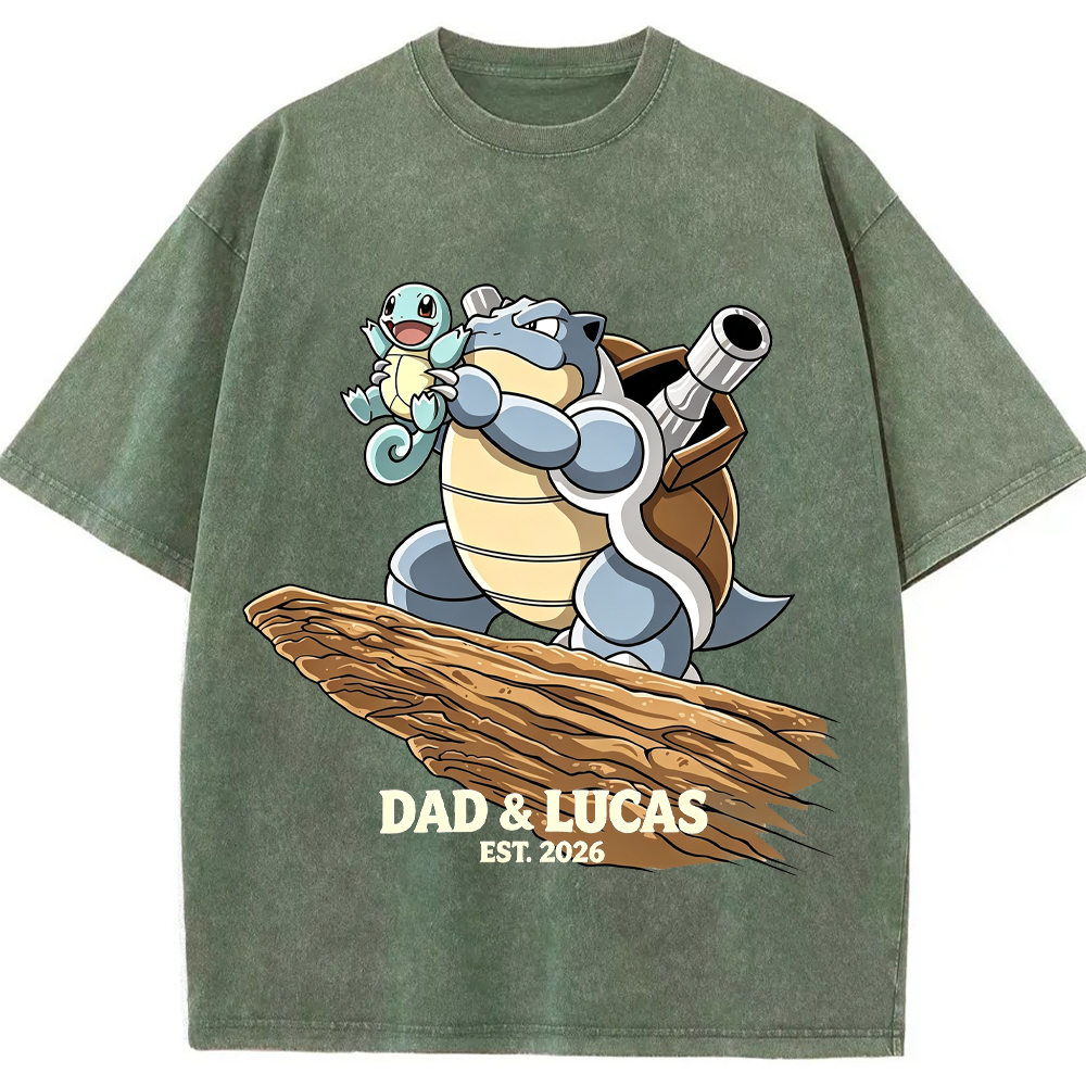 Parent & Kid Hold Up Squirtle Family Art Vintage Washed T-Shirt