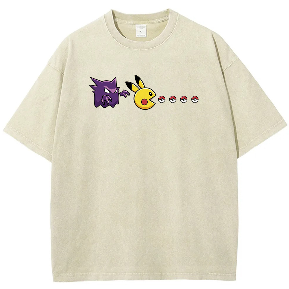 Gengar Hunting Pikachu Pokeball Trail Graphic Cartoon Tee | Pokemon Anime