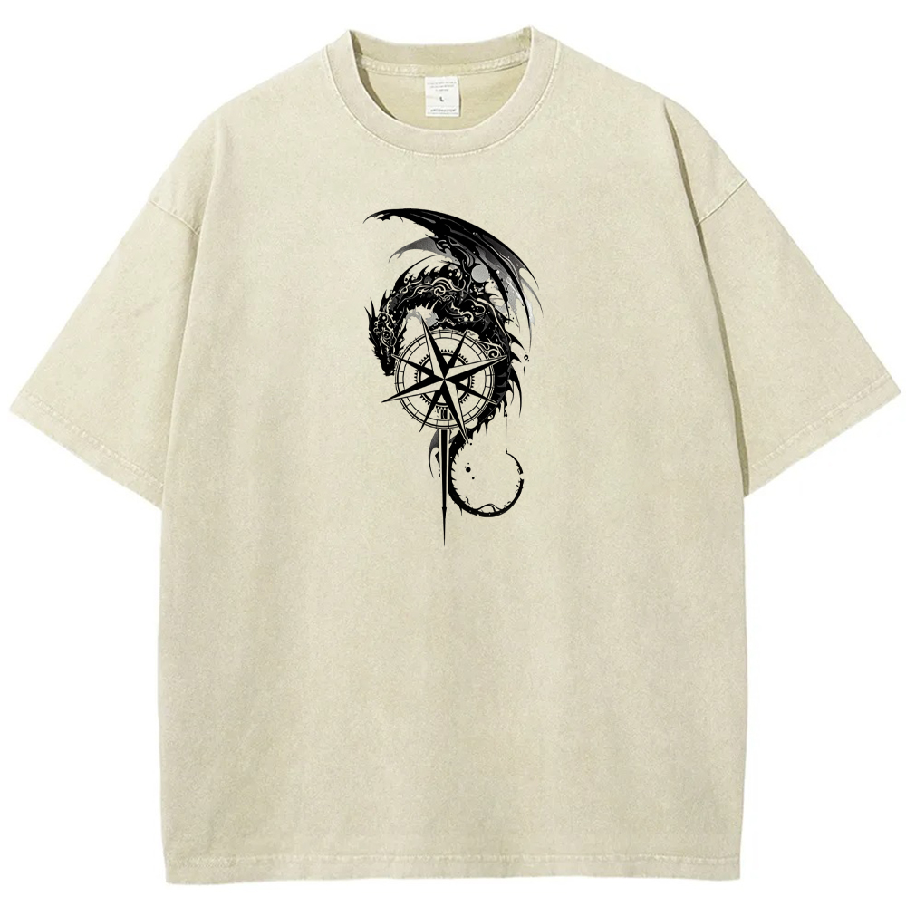 Fantasy Adventure Dragon Knight Compass Sword Monochrome Art Cartoon Tee