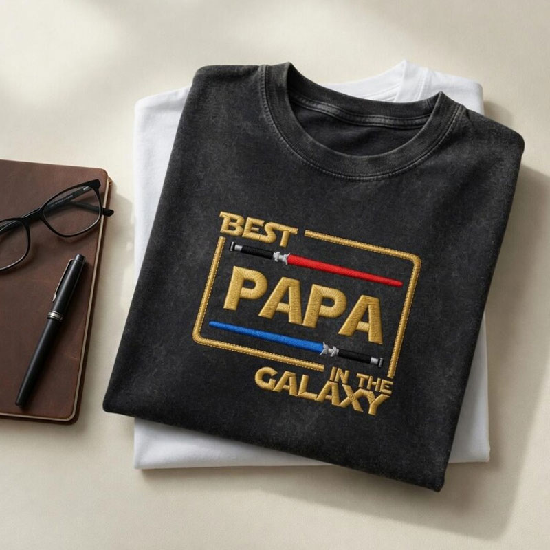 Embroidered Washed Cotton T-Shirt, Papa in Galaxy, Father's Day Gift