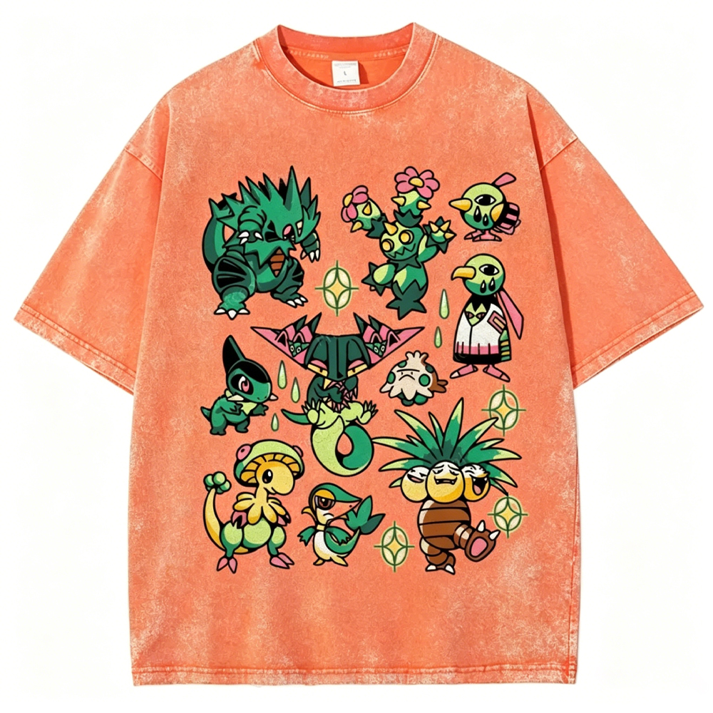 Green Grass Dragon & Tropical Pokemon Unisex Vintage Washed Tee