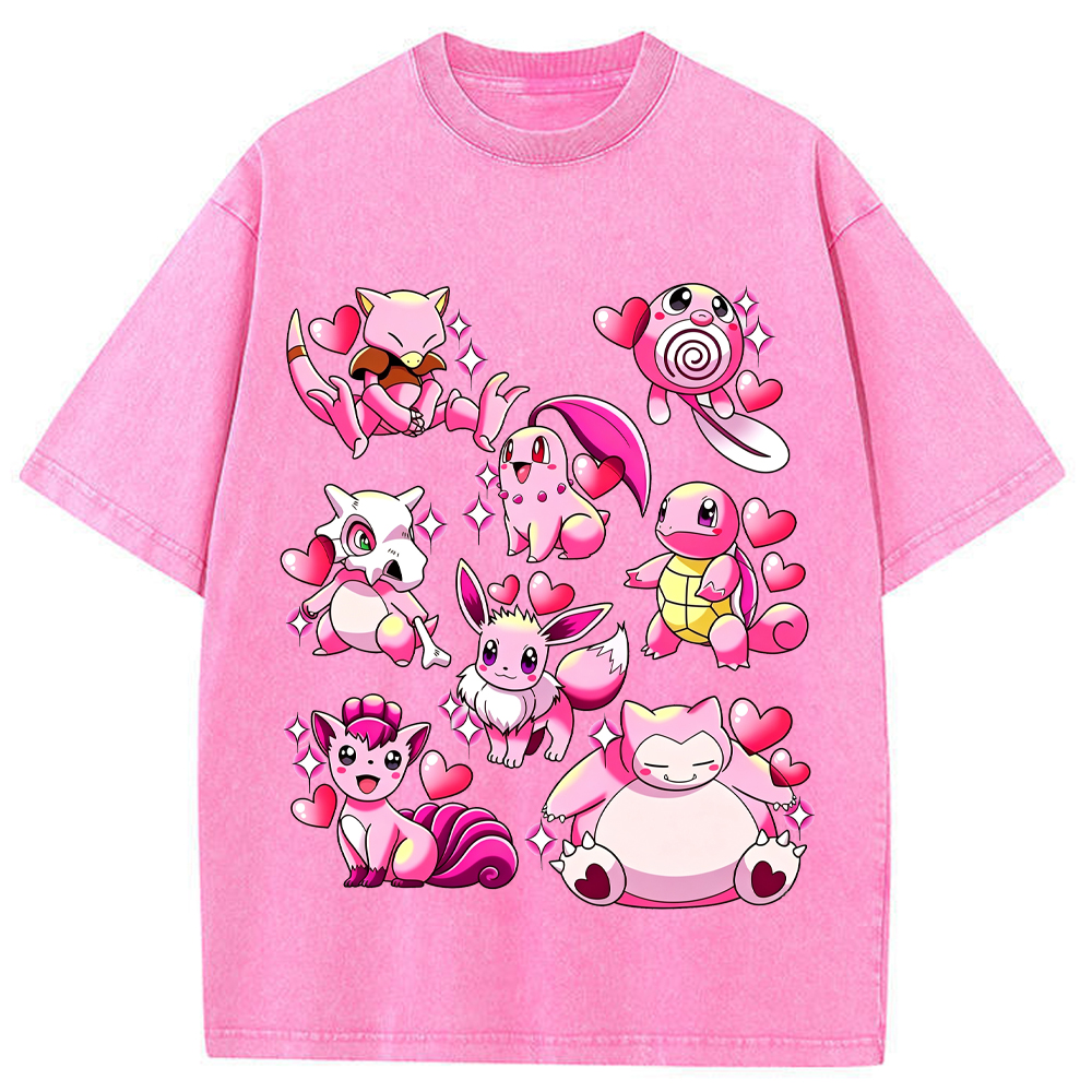 Pink Hearts Mixed Pokemon Cartoon Tee | Pokemon Anime