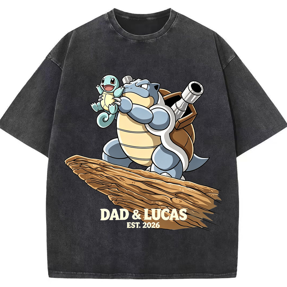 Parent & Kid Hold Up Squirtle Family Art Vintage Washed T-Shirt